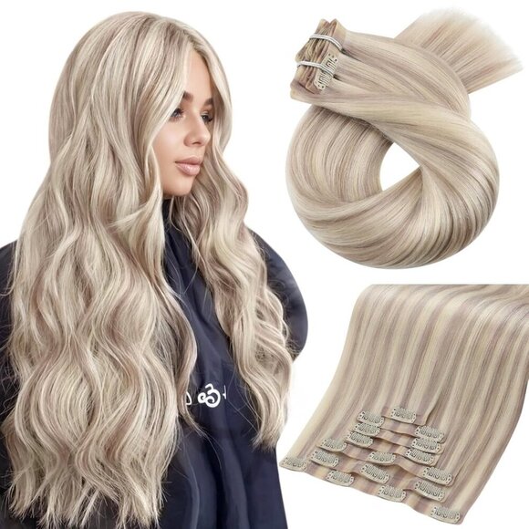 Human Hair Clip in Extensions Blonde Highlight 18in 120g Women